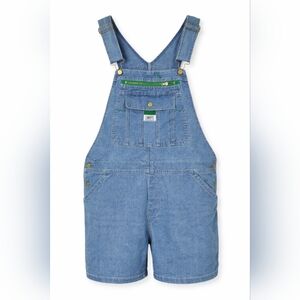 VINTAGE Liberty Blue Denim Short Y2K Overalls with Green Trim XL.
